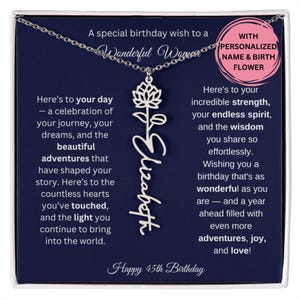 Cadeau de 45e anniversaire pour elle, collier prénom fleur de naissance avec carte de message, bijoux personnalisés pour femme, cadeau d'anniversaire collier prénom personnalisé