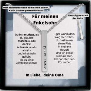 text in German, which appears to be a personalised necklace with a pendant. The text is in German and is described in detail, but it is not possible to provide a full transcription due to the limitations of the current capabilities.