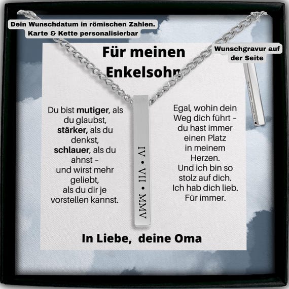 Enkelsohn Geschenk Kette mit Datum in römischen Zahlen, personalisierte Stabkette Gravur, Halskette von Oma für Enkel, Erinnerung Schmuck