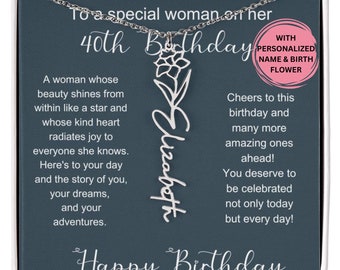 40th Birthday Silver Birthmonth Flower Necklace With Name, 40th Birthday Jewelry Gift, Personalized 40th, 40th Gift For Her, 40th For Friend