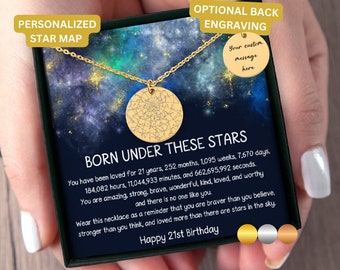 21st Birthday Gift For Her, 21st Birthday Gift Box With Message, Custom Star Map By Date Necklace, 21st Birthday Jewelry, 21st Birthday