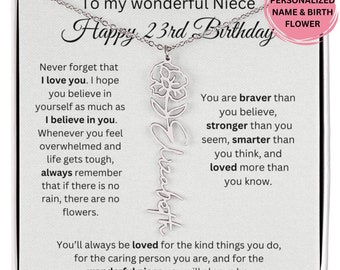 姪への23歳の誕生日プレゼント、叔母からの姪への23歳の誕生日プレゼント誕生花の名前入りネックレス、パーソナライズされた23歳の姪へのプレゼント、23歳になる姪