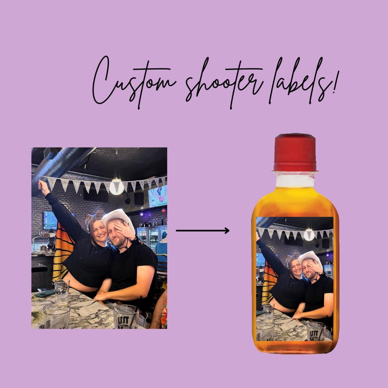 May include: A custom label for a liquor bottle featuring a photo of two people in a bar setting. The label has a white background with a banner of white flags and a disco ball in the background. The text "UTT" is visible on the label.
