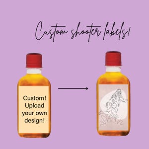 May include: Two small glass bottles with red caps and labels. The bottle on the left has a label that says "Custom! Upload your own design!" The bottle on the right has a label with a line drawing of two people.