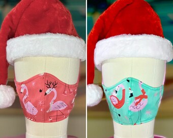 Face Mask Christmas Stocking Stuffer HOLIDAY FLAMINGOS - Double Layer, Nose Wire, Filter Pocket 3rd Layer, Adjustable Tie Cord Toggle Lock