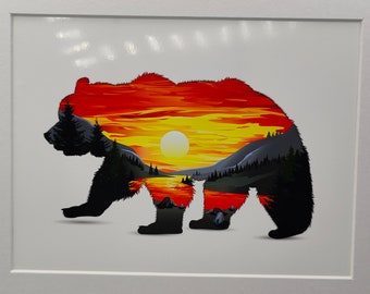 Orso del tramonto, Animali selvaggi, Foresta, Natura, Sky Art Stampa professionale di alta qualità, Stampe animali, Fauna selvatica