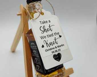 We Tied The Knot Take A Shot Wedding Favour Tags, Personalised, Custom, White, Kraft, Alcohol Bottle Tags, Miniature Bottle Tags, Favors