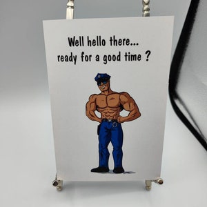Stripperkaart politieagent, vrijgezellenfeest, aanstaande bruid, huwelijk, feest A6/A5-wenskaart Hoge kwaliteit print op gladde kaart van 300 gsm.