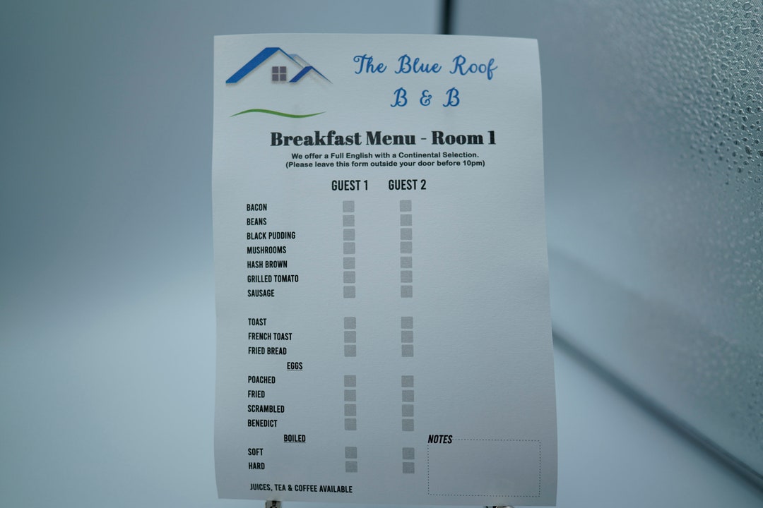 A5 Breakfast Pre-order Menu for B&B Restaurant Cafe Bar Hotel Weddings ...