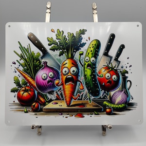 May include: A white metal sign featuring a cartoon illustration of anthropomorphic vegetables, including a carrot, cucumber, tomato, and onion, with terrified expressions. Knives and a wooden cutting board are also depicted. The artwork has a vibrant color palette.