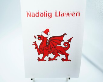 Carte de voeux Nadolig Llawen A6/A5 avec dragon gallois Impression haute qualité sur une carte blanche lisse de 300 g. Livré avec une enveloppe Conqueror.