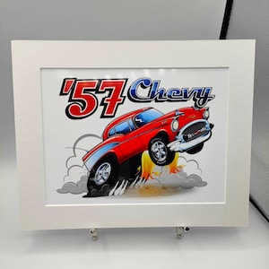 57 Chevy Chevrolet Car Drawing Print 8x6 in White Mount Frame High Quality Professional Print, Retro Cars, Classic Automobiles