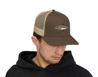 Rainbow Trout Embroidered Fish Snapback Trucker Cap | Outdoor Fishing Hat, Gift for Anglers, Fisherman