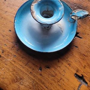 Vintage enamel candle holder, Blue candlestick