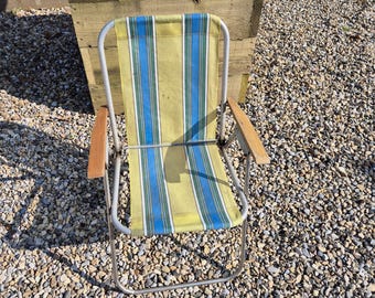 Vintage Striped Folding Camp Chair with Wooden Arms