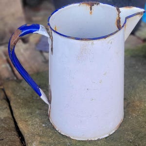 Vintage enamel jug, White jug, Enamelware, French enamel pitcher
