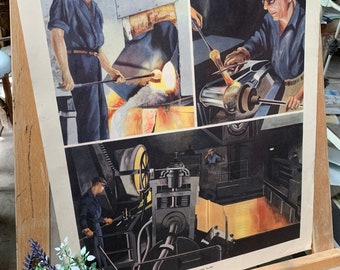 May include: A vintage educational poster illustrating the process of making glass. The poster shows three different stages of glassmaking, including melting, shaping, and rolling. The poster is titled "Making Glass".