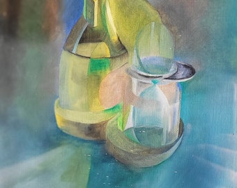 Vintage painting of glass and bottle, Mid Century painting,