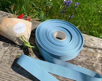 May include: A roll of light blue satin ribbon with a spool of the same ribbon. The ribbon is on a wooden surface with a bouquet of flowers in the background.