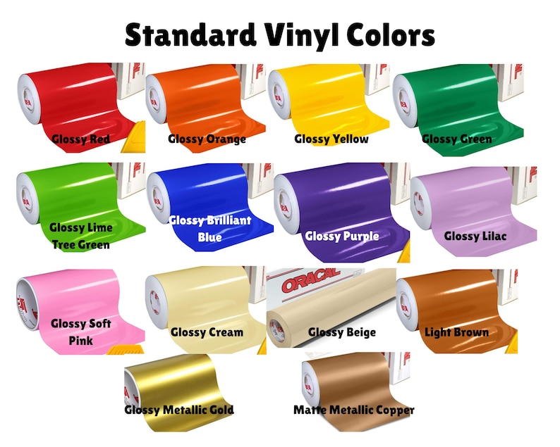 Puede incluir: Una colecci&oacute;n de catorce rollos de vinilo adhesivo etiquetados como Standard Vinyl Colors, con varios acabados brillantes en rojo, naranja, amarillo, verde, lima, azul, morado, lila, rosa, crema, beige, marr&oacute;n claro, oro met&aacute;lico y cobre mate.