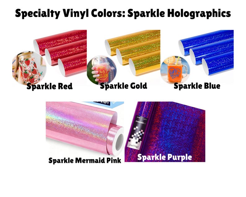 Puede incluir: Colores de vinilo especiales: Sparkle Holographics. Rollos de vinilo adhesivo en Sparkle Red, Sparkle Gold, Sparkle Blue, Sparkle Mermaid Pink y Sparkle Purple. Incluye recuadros circulares con dise&ntilde;os de fresas y textos en amarillo y azul.