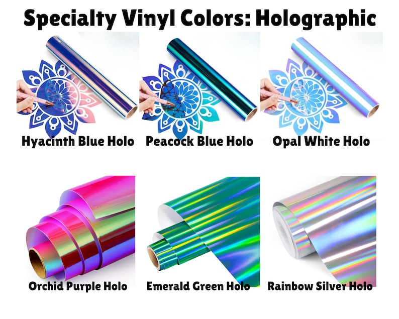 Puede incluir: Colores de vinilo especiales: Hologr&aacute;fico. Seis rollos de vinilo hologr&aacute;fico en azul jacinto, azul pavo real, blanco &oacute;palo, morado orqu&iacute;dea, verde esmeralda y plata arco&iacute;ris. La imagen muestra rollos de vinilo adhesivo con acabados met&aacute;licos.