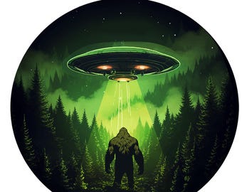 May include: A circular graphic print featuring a dark silhouette of a large, hairy creature standing in a dense pine forest at night. Above the creature, a metallic flying saucer emits a bright, glowing green beam of light downward.