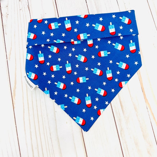 Dog Bandana Popsicle, Fourth of July Tie on Dog Bandana with Snaps, Slide On Over Collar Bandana, Patriotic Tie On Cat Bandana , Extra Large