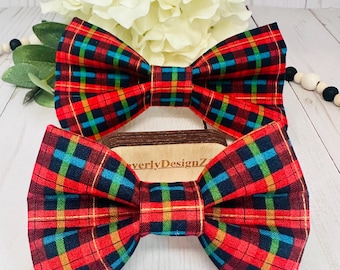 Plaid Bowtie for Dog or Cat: Red Green Blue Plaid bow tie, Fall or Christmas Bow tie, Puppy gift for Dog mom or dad, x-Small to large sizes