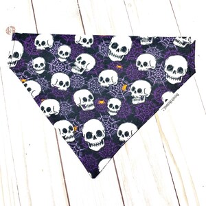 May include: Purple bandana with a white skull and spiderweb pattern. The bandana is made of fabric and has a triangular shape.