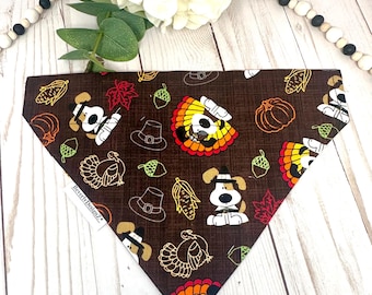 Fall Thanksgiving Dog Bandana: Slide or slip on bandana with Turkey, Fall leaves and pumpkins, Fall Puppy Gift, X Small to Large sizes