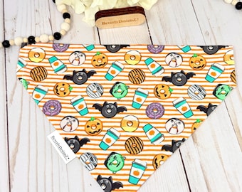 Spooky Coffee Donuts Dog Bandana, Halloween Over The Collar Dog Scarf, Pumpkin Vampire Slide On Pet Bandana, Fall Costume Cat Dog Accessory