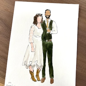 May include: Watercolor illustration of a couple in wedding attire. The woman wears a white dress and cowboy boots. The man is in a green suit with a gold tie. The artwork is signed "Alyssa Love".