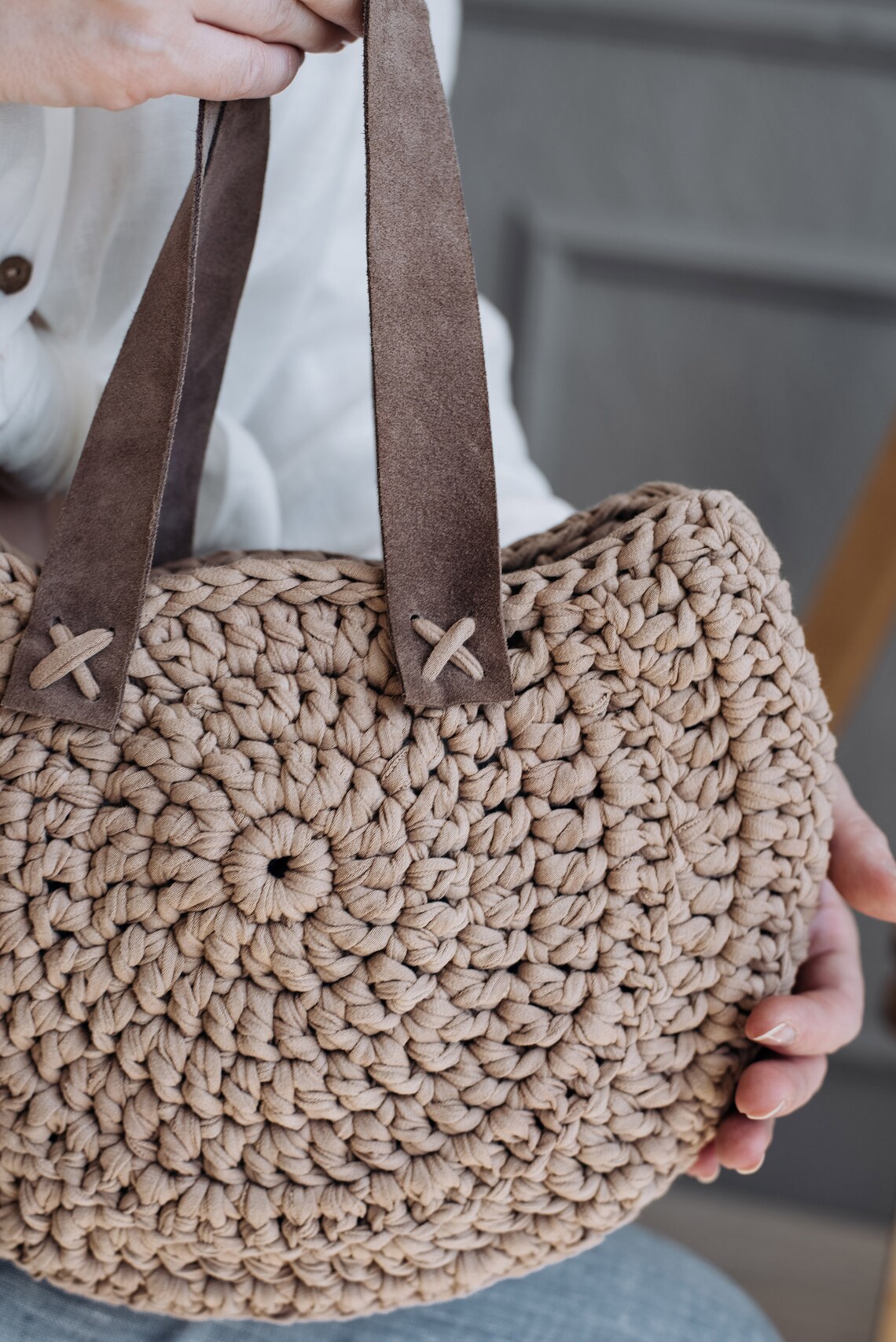 Moon shaped crochet tote bag Crochet bag with leather handles Etsy