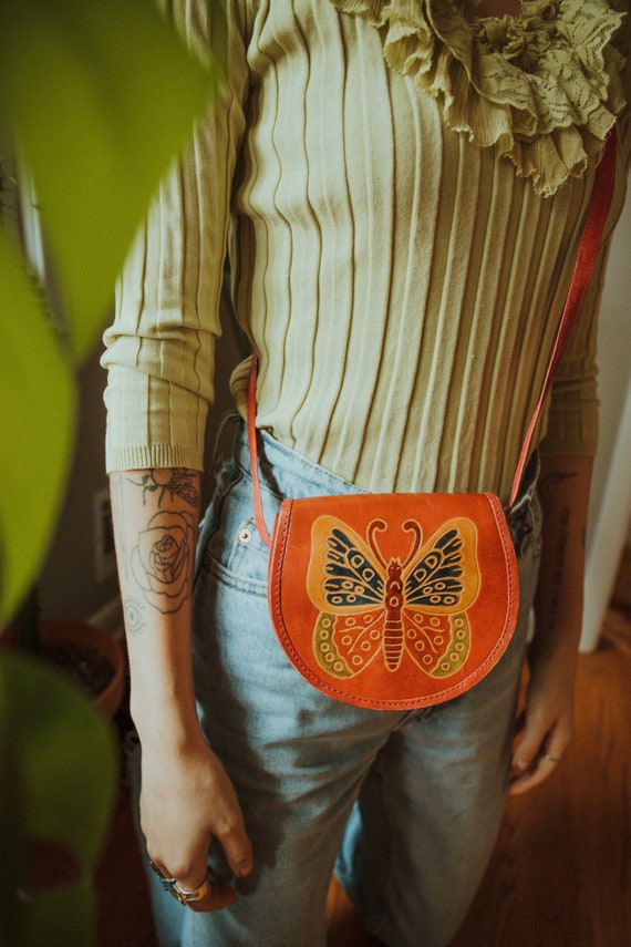 Vintage Butterfly Handbag, Vintage Saddle Bag, Vin