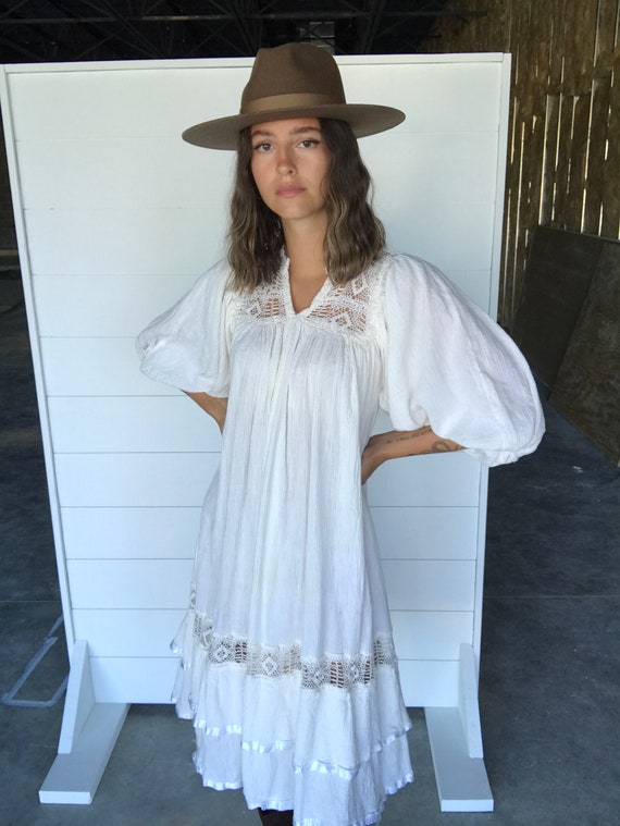 Vintage 1970s Ivory Cotton Dress, Vintage Crotchet