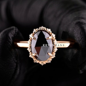 2.5 CT Oval Cut Black Moissanite Engagement Ring, 14K Rose Gold  Black Oval Rose Cut Diamond Solitaire Hidden Halo Ring, Wedding Ring, Gift