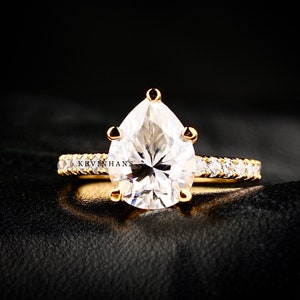 Pear Cut Moissanite Engagement ring, 2 CT Pear Cut diamond solitaire wedding ring , 14k yellow gold anniversary ring, Pear Diamond ring