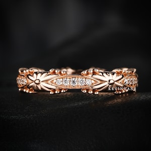 Vintage Art Deco Wedding Band, 14K Rose Gold Floral Dainty Wedding Ring, Vintage Flower Moissanite Ring, Stacking Ring, Boho Art Ring Gift