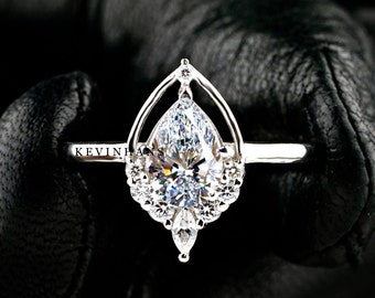 Pear Cut Moissanite Engagement Ring, Pear Cut Halo Wedding Ring, 14K White Gold Pear Diamond Ring, Anniversary Gift For Her Art Deco Vintage