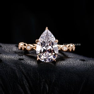 IGI Certified 3.0 CT Pear Cut Lab Grown Diamond Ring 14K Rose Gold Pear Cut CVD Lab Diamond Anniversary Ring Art Deco Solitaire Diamond Ring