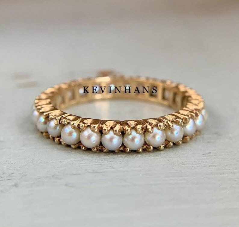 Pearl Eternity Band 14K Gold Engagement Ring Natural Pearl Etsy