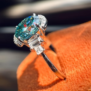 3.0 CT Portuguese Cut Blue Green Moissanite Ring, 14K Rose Gold Portuguese Cut Moissanite Engagement Ring, Halo Ring For Women Gift For Her
