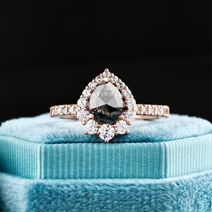 Pear Cut Salt and Pepper Diamond Ring, 14K Rose Gold Salt and Pepper Diamond Engagement Ring, Round Cut Moissanite Diamond Halo Ring, Accent