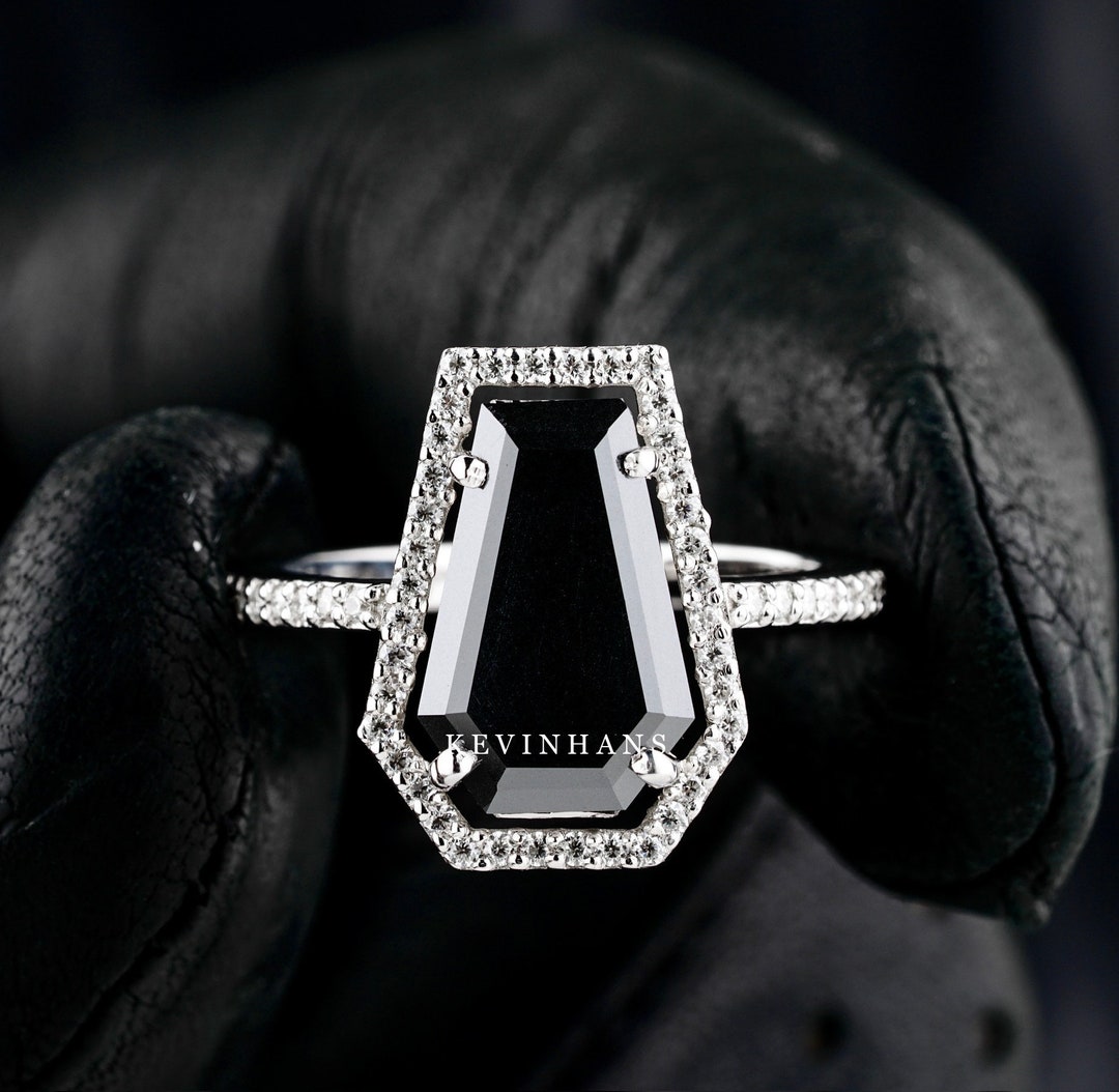 Black Coffin Diamond Engagement Ring, 14K White Gold Coffin Moissanite