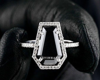 Black Coffin Diamond Engagement Ring, 14K White Gold Coffin Moissanite Diamond Ring, Coffin Ring For women, Halo Solitaire Ring, Anniversary