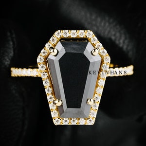 14K Yellow Gold Black Coffin Diamond Engagement Ring, Black Coffin Cut Moissanite diamond ring, Coffin Cut Engagement Ring, Coffin Halo Ring
