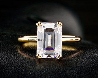 4.0 CT Emerald Cut Moissanite Diamond Ring, 14K Yelllow Gold Engagement Ring, Emerald Cut Moissanite Solitaire Ring, Emerald Cut Diamond