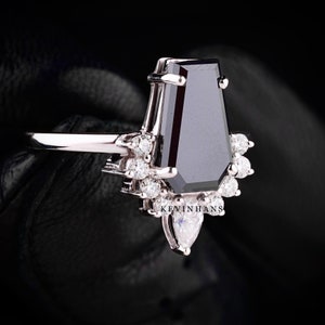Black Coffin Diamond Engagement Ring, 14K White Gold Coffin Moissanite Diamond Ring, Coffin Ring For women, Halo Solitaire Ring, Anniversary