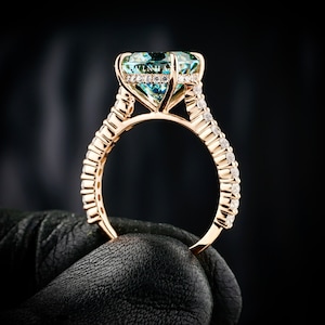Antique 4.0 CT Portuguese Cut Cyan Blue Moissanite Ring, Solitaire Ring, Antique Wedding Ring, Hidden Halo Ring, Platinum Ring, bridal set